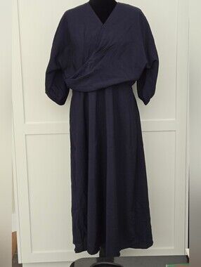 COS Puff-Sleeve Wrap Midi Dress Navy Cotton EUC Size 14 Quiet Luxury